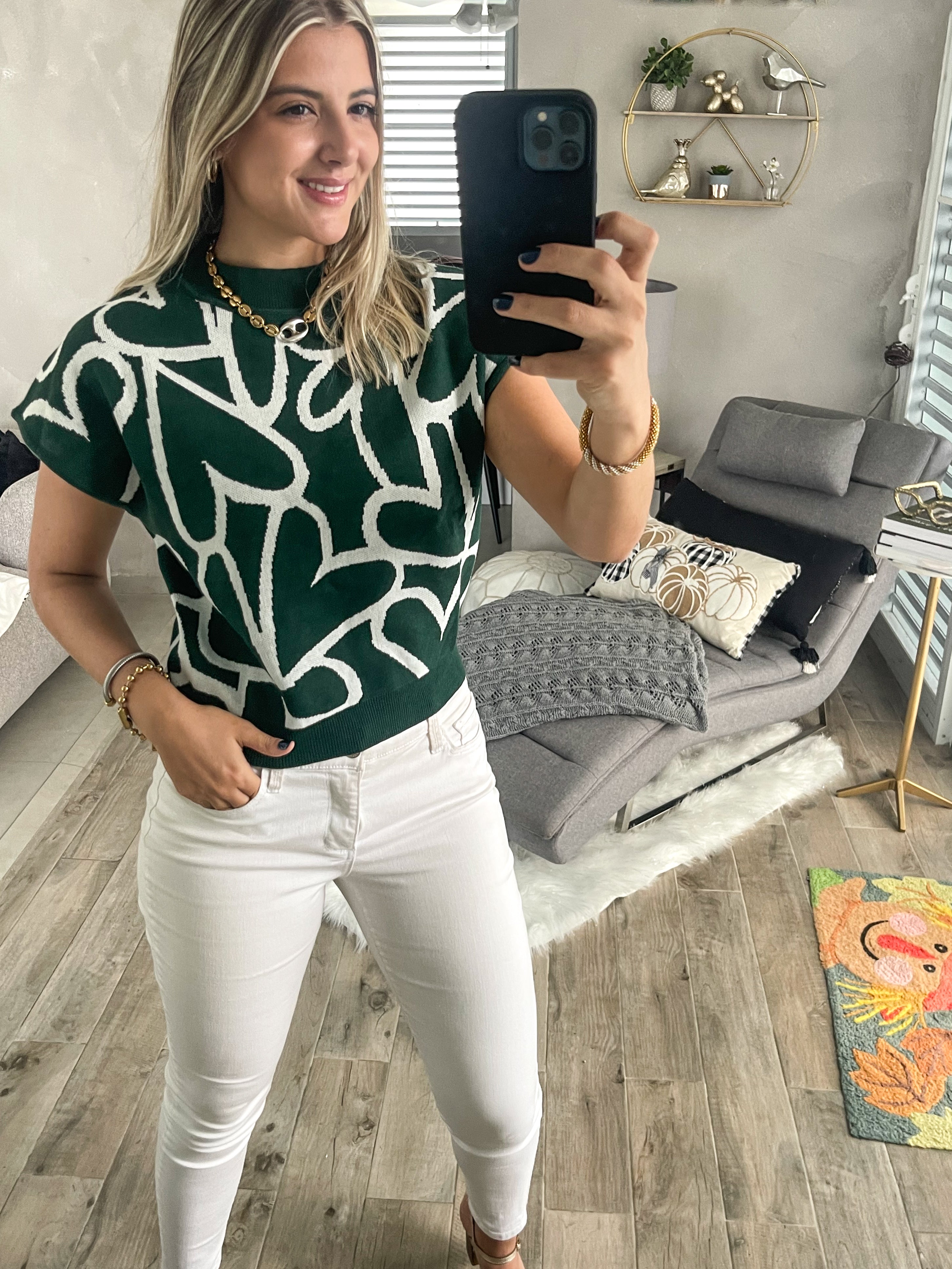 HUNTER GREEN HEART PATTERN TOP