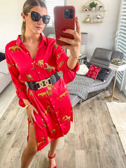 RED LEOPARD PRINT SATIN LONG SLEEVES DRESS