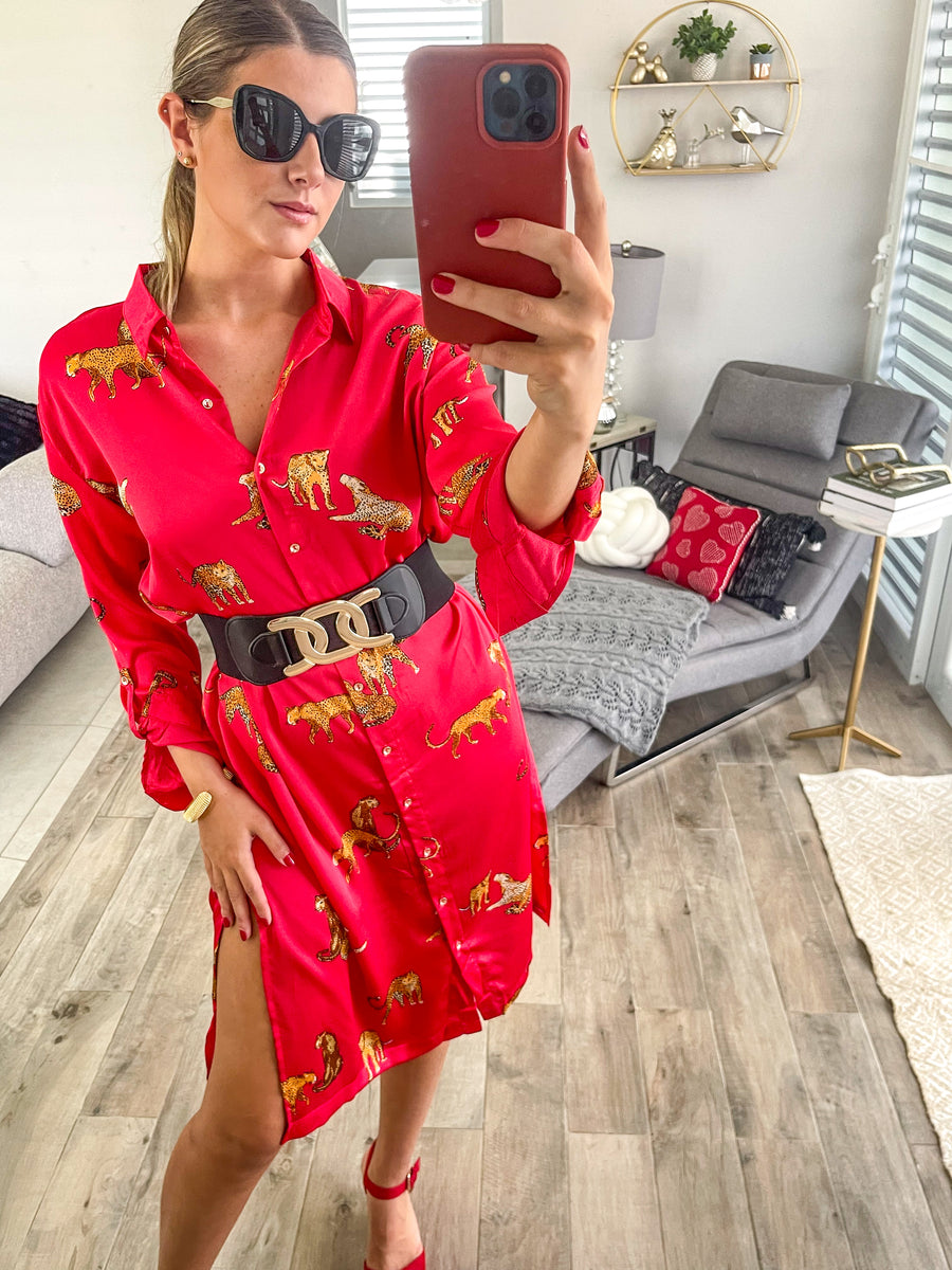 RED LEOPARD PRINT SATIN LONG SLEEVES DRESS