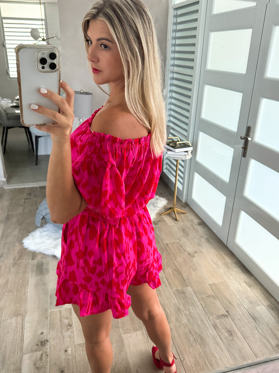 HOT PINK/RED LEOPARD OFF SHOULDER ROMPER