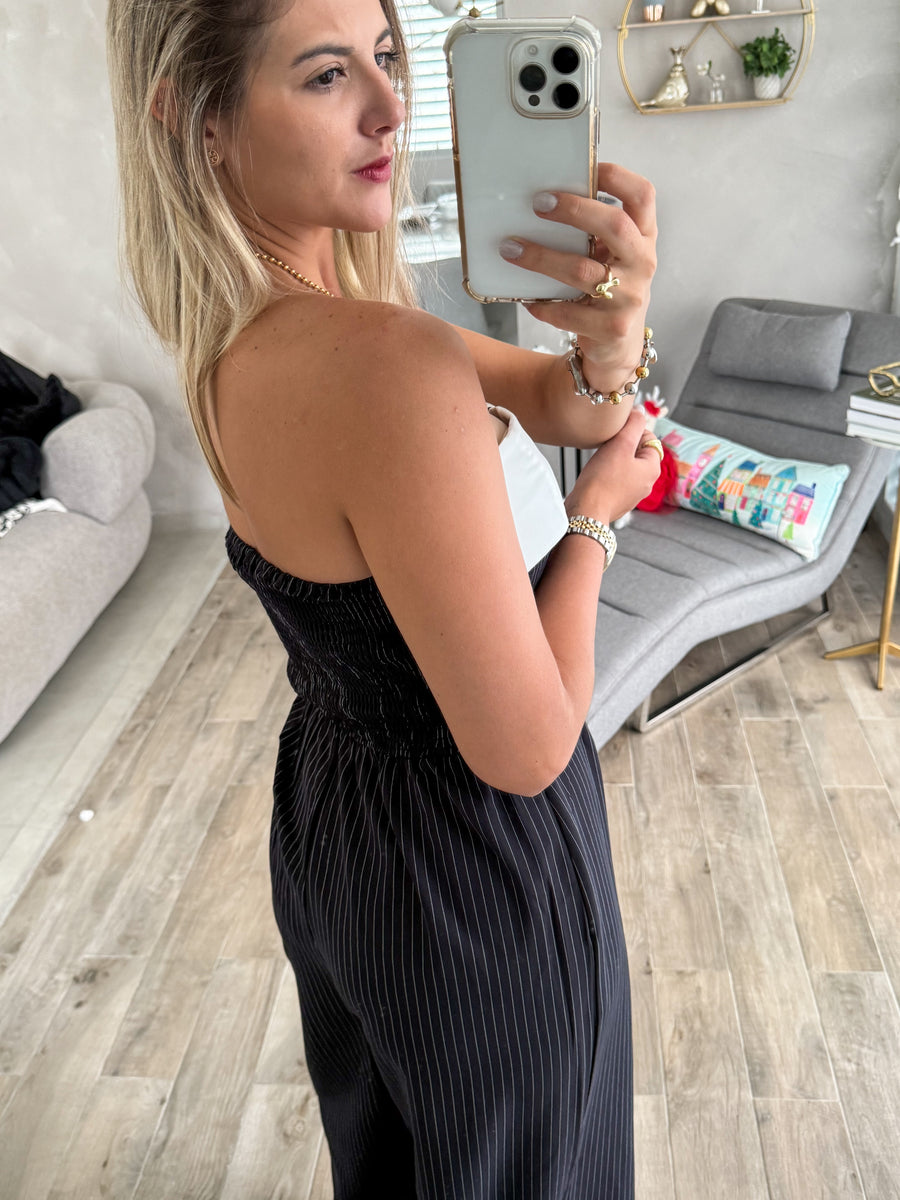 NAVY STRIPED STRAPLESS JUMPSUIT