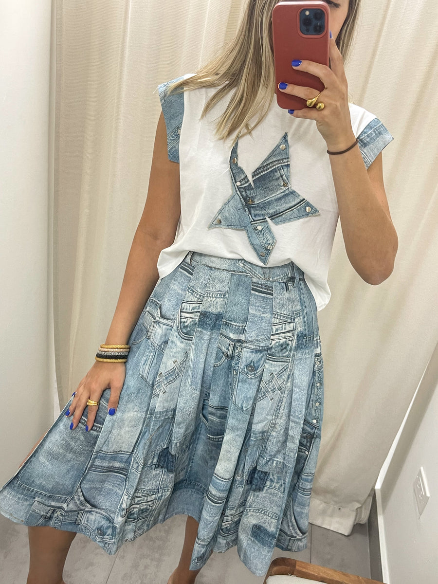 DENIM PRINT MIDI SKIRT