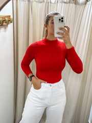 RED LONG SLEEVE RIBBED BODYSUIT