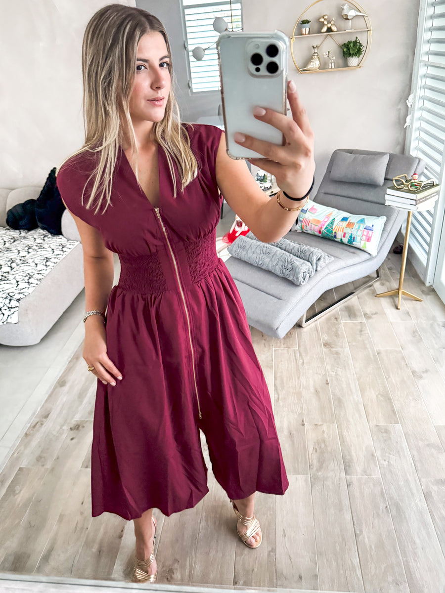 BURGUNDY ZIPPER MIDI DRESS