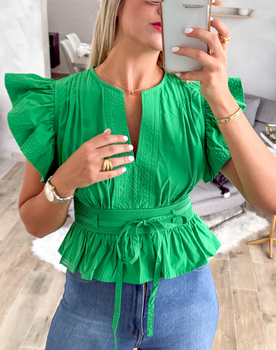 KELLY GREEN RUFFLE SLEEVES BLOUSE