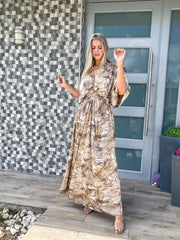 BROWN/BEIGE PRINT KIMONO SLEEVES MAXI DRESS