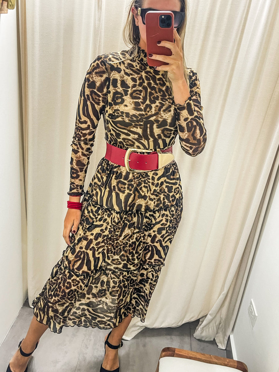 LEOPARD PRINT MESH MIDI DRESS