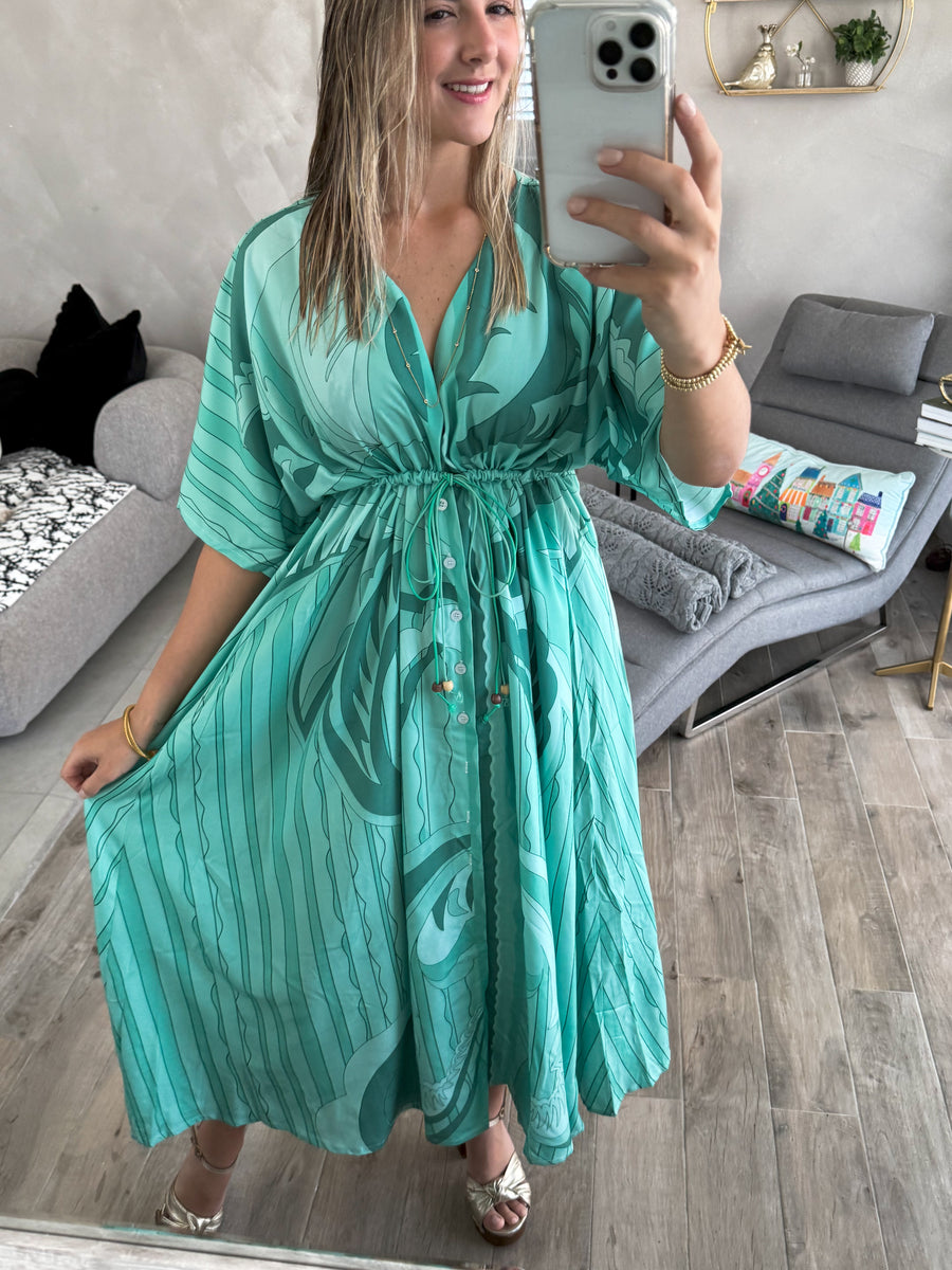 GREEN PRINTED KIMONO DRESS