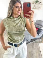 OLIVE/GOLD METALLIC LEOPARD MOCK NECK TOP