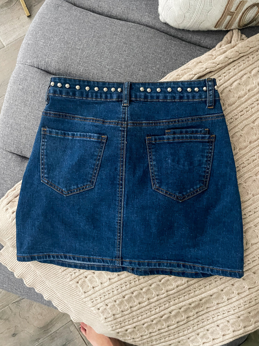 STRETCH DENIM EYELET STUDS SKIRT