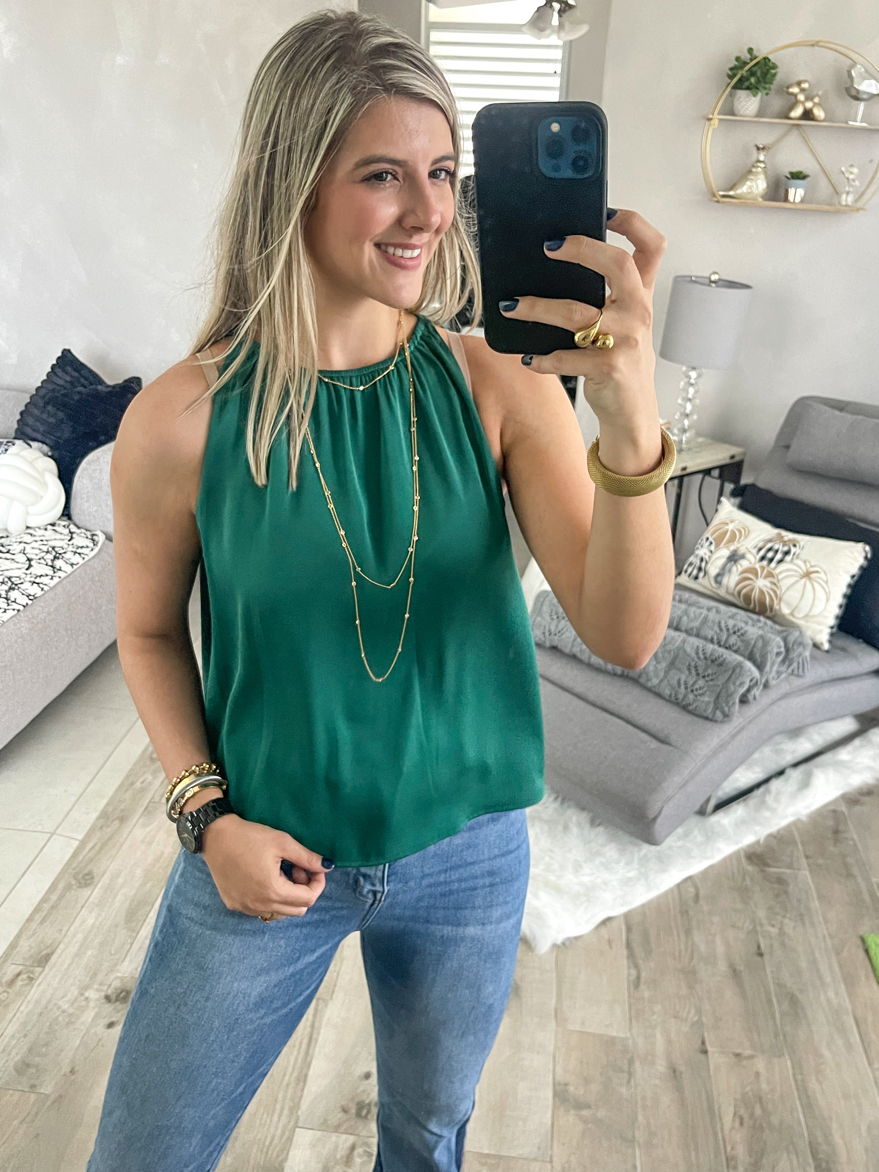 HUNTER GREEN SILKY ELASTIC NECK BLOUSE