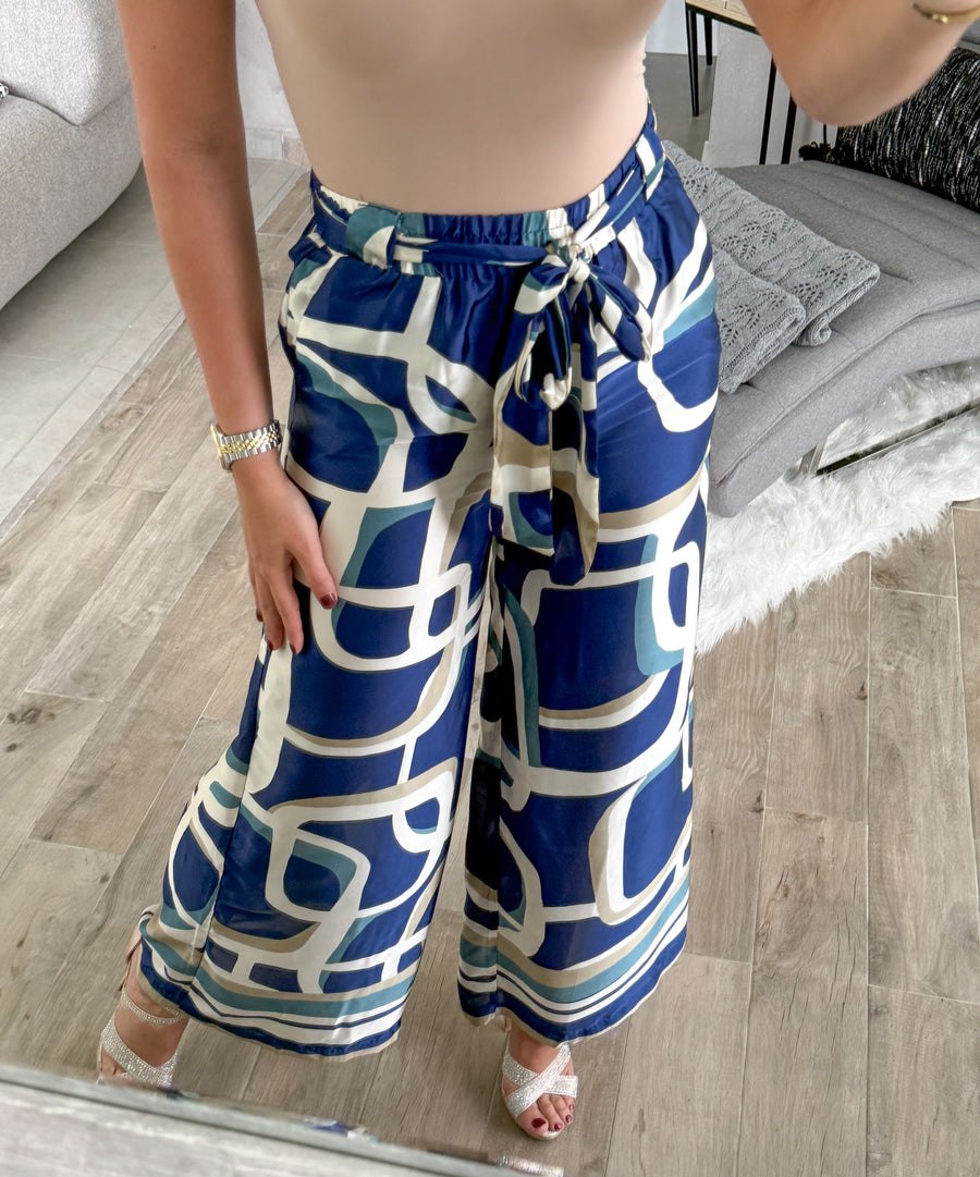 BLUE PRINTED SATIN PANTS