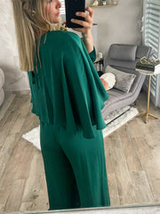 DARK GREEN SILKY CAPE JUMPSUIT