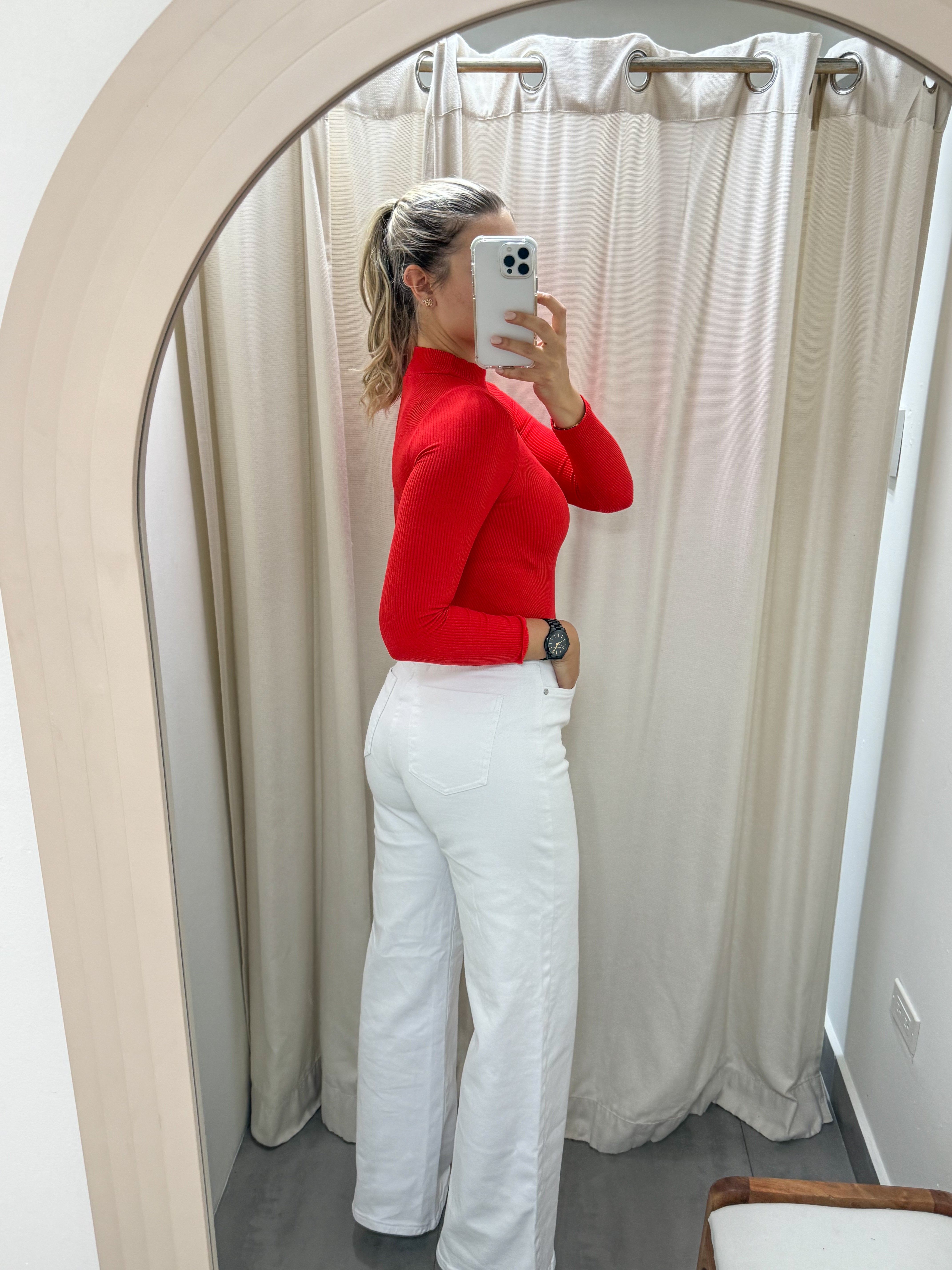 RED LONG SLEEVE RIBBED BODYSUIT