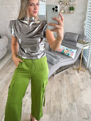 GREEN SATIN CARGO PANTS