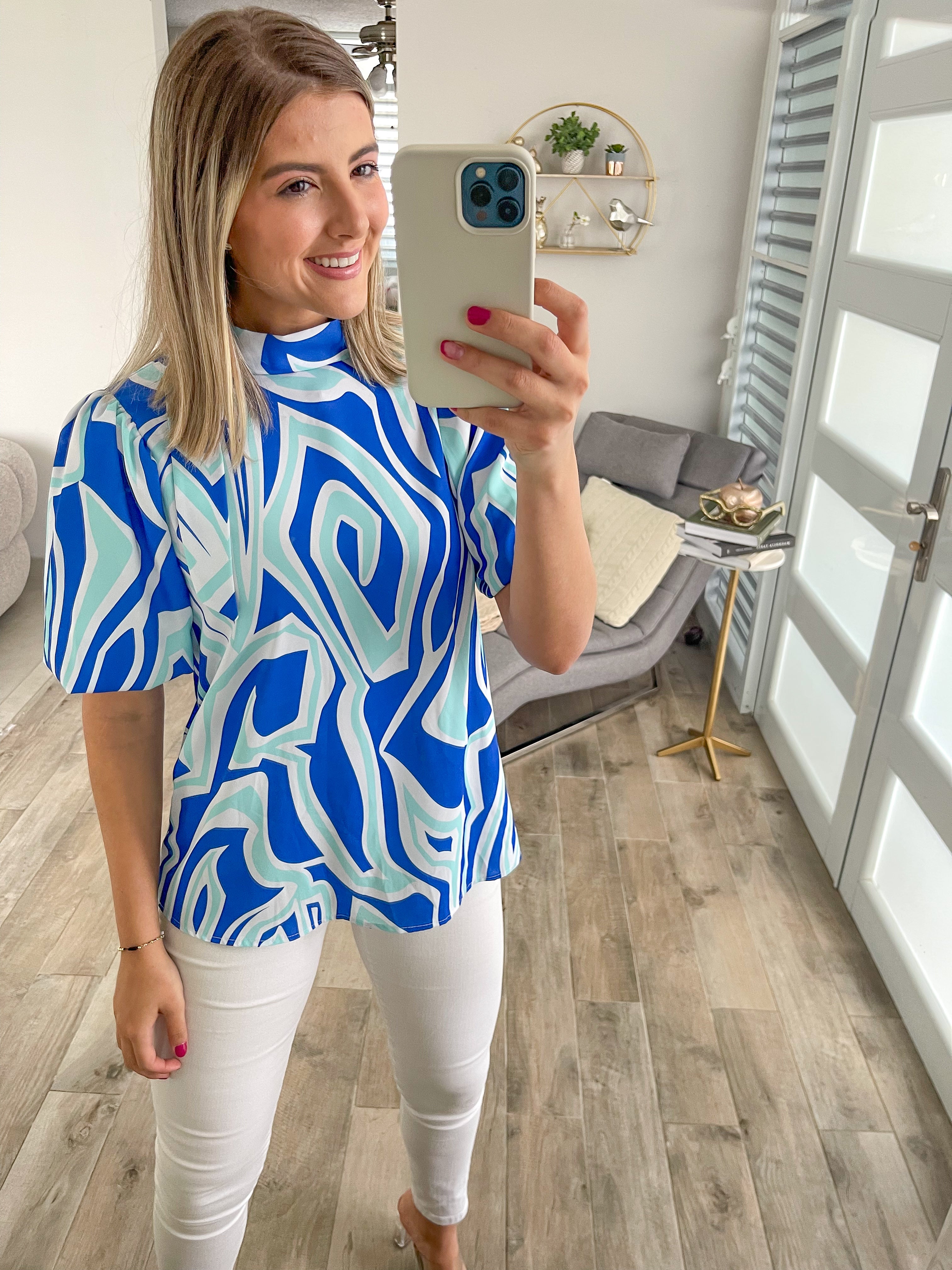 MULTI BLUE PRINT TUNIC BLOUSE