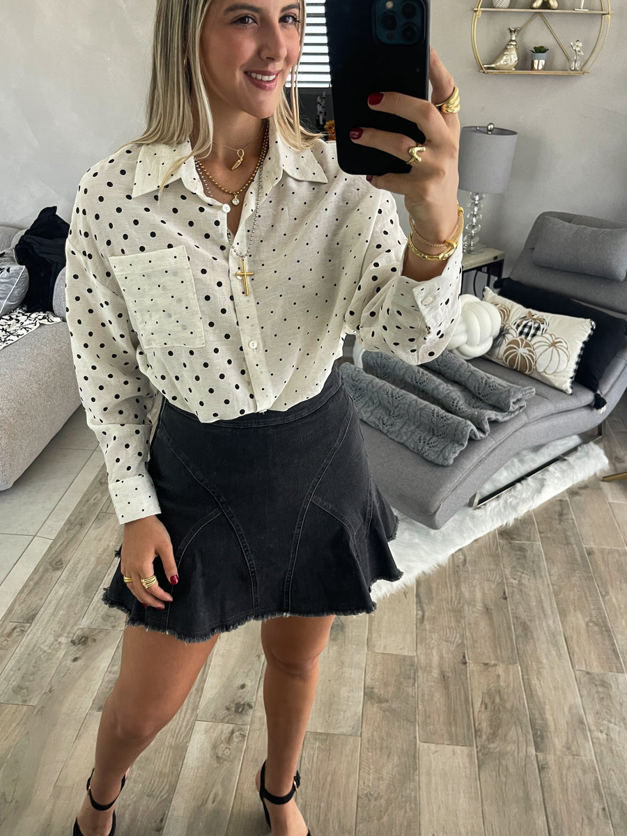 POLKA DOT ADJUSTABLE LONG SLEEVE BLOUSE