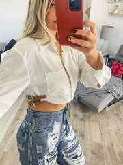 WHITE SIDE BELTED CROP LONG SLEEVE BLOUSE