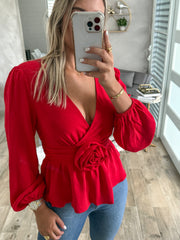 RED ROSETTE V-NECK BLOUSE