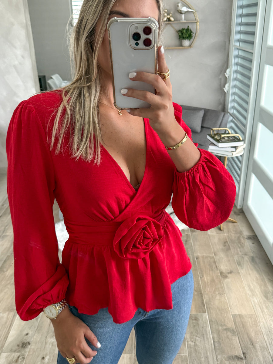 RED ROSETTE V-NECK BLOUSE