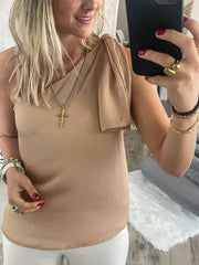 BEIGE ONE SHOULDER HAMMERED TOP