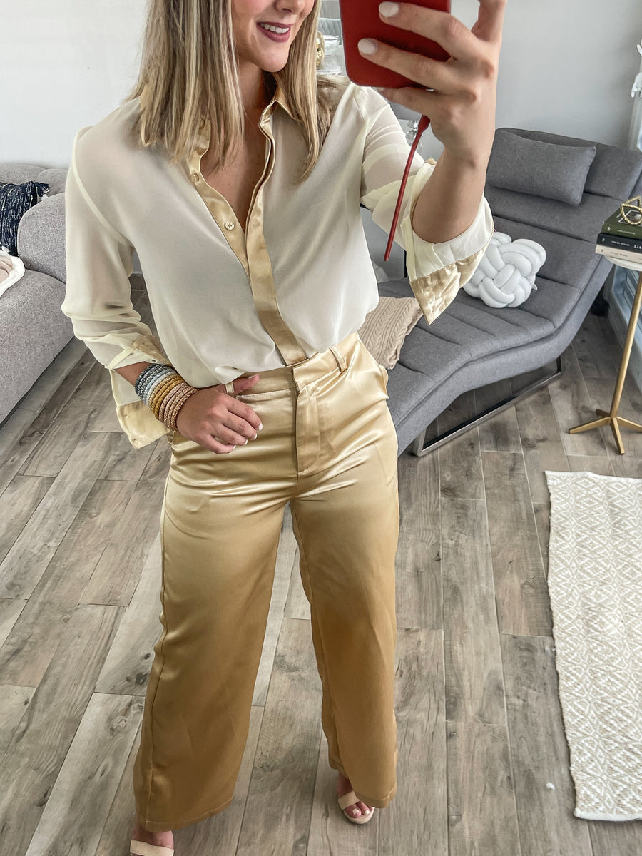 IVORY/GOLD WOVEN BLOUSE & PANT SET