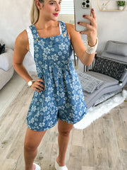 DENIM FLORAL SHORT OVERALL