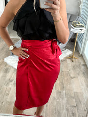 RED SATIN METALLIC WRAP AROUND SKIRT