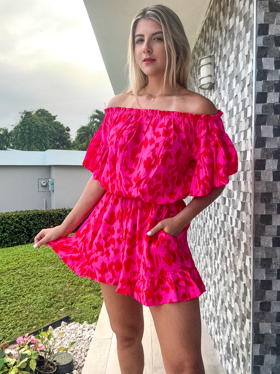 HOT PINK/RED LEOPARD OFF SHOULDER ROMPER