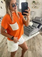 ORANGE/ WHITE MOCK NECK KNITTED TOP