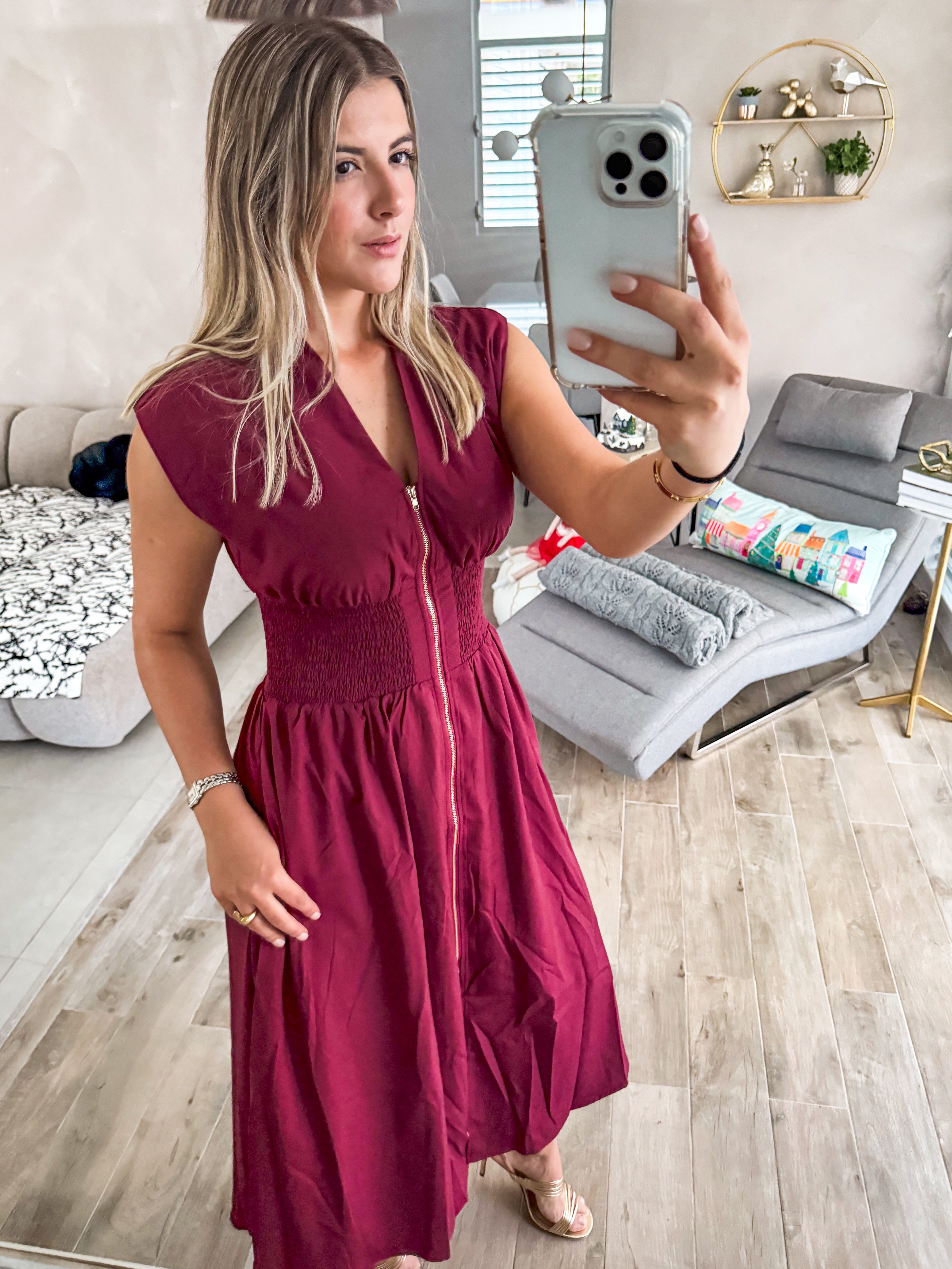 BURGUNDY ZIPPER MIDI DRESS