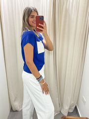 ROYAL BLUE/ WHITE MOCK NECK KNITTED TOP