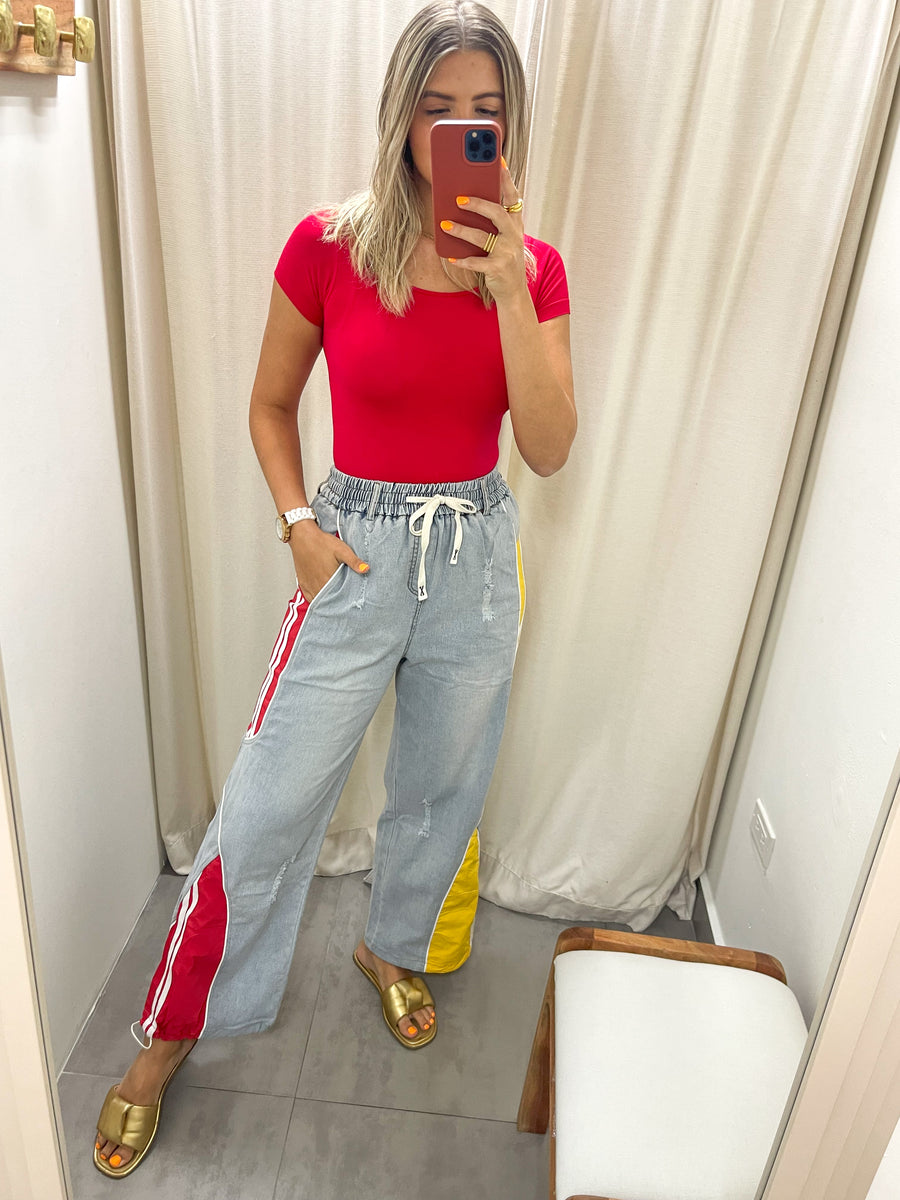 RED/YELLOW DENIM PALAZZO PANTS