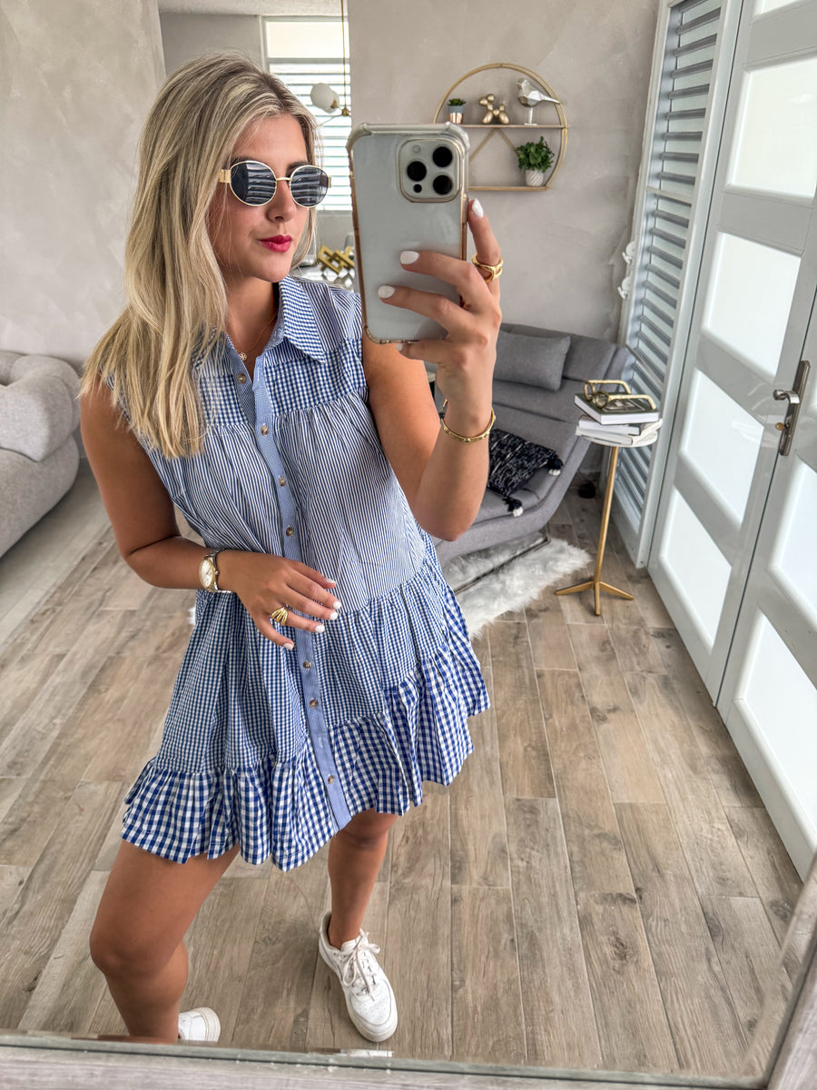 BLUE GINGHAM SLEEVELESS SHORT DRESS