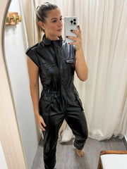 BLACK PU LEATHER JUMPSUIT