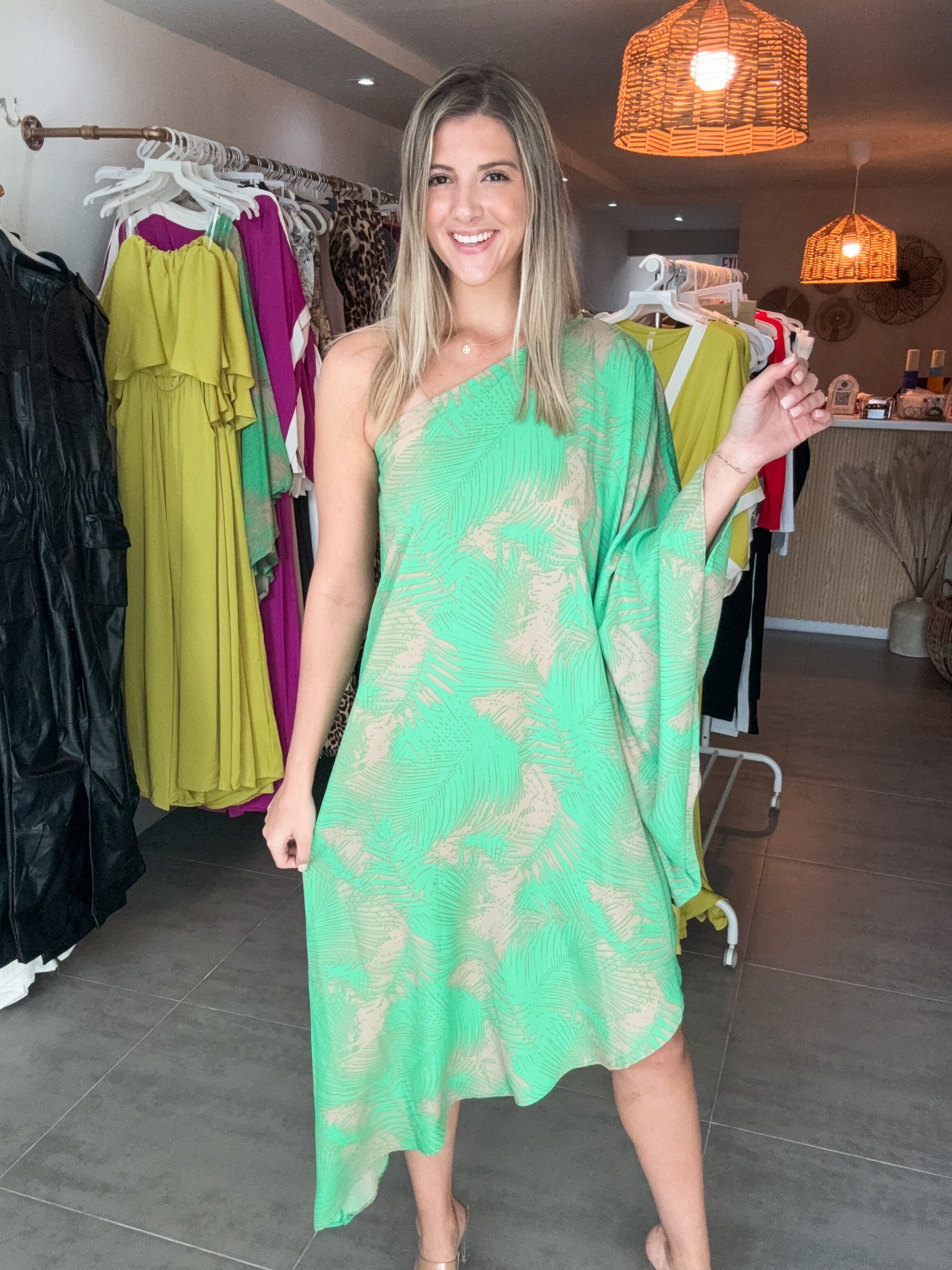 GREEN TROPICAL ASYMMETRICAL DRESS