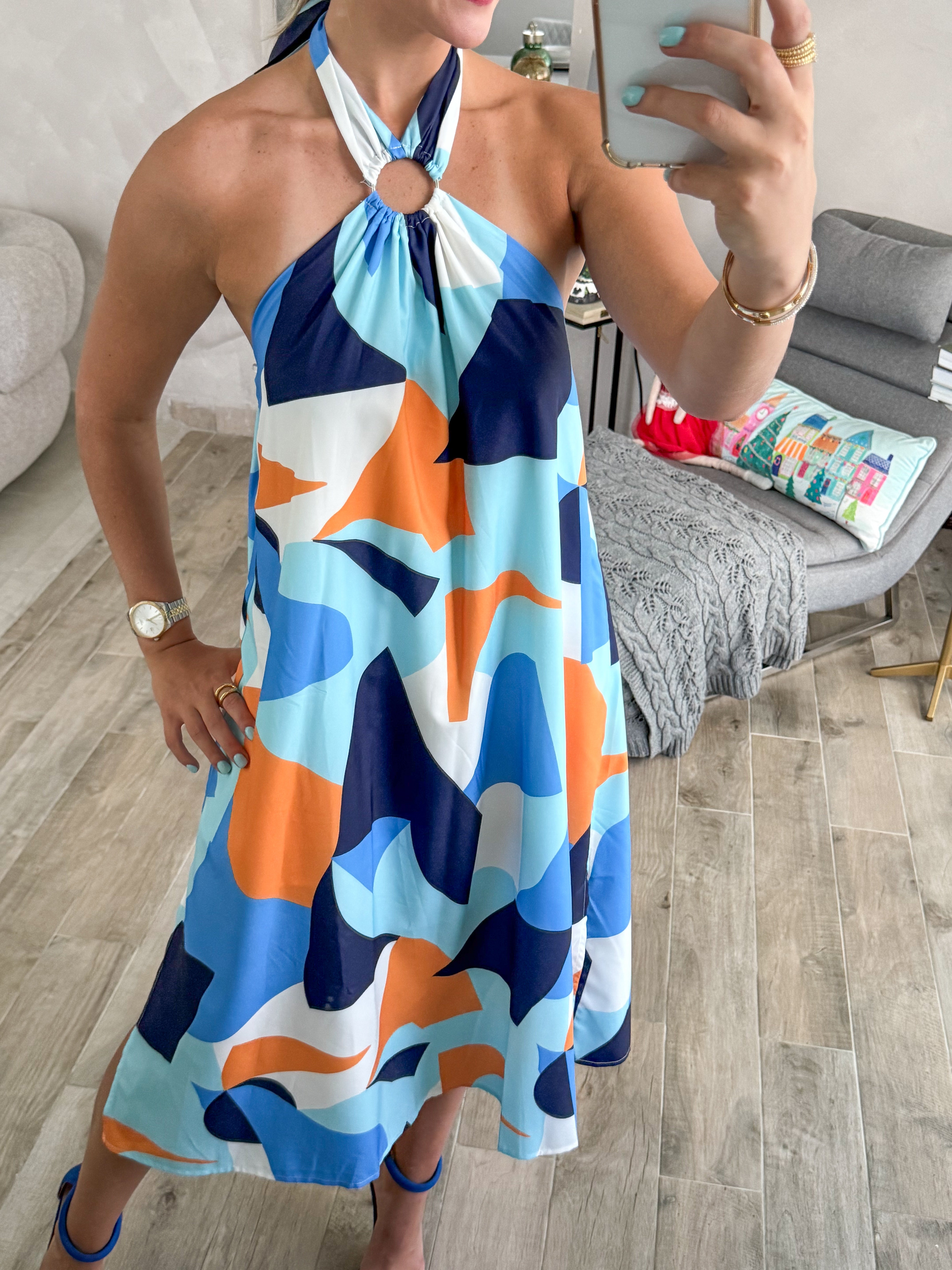 HALTER PRINTED MIDI DRESS