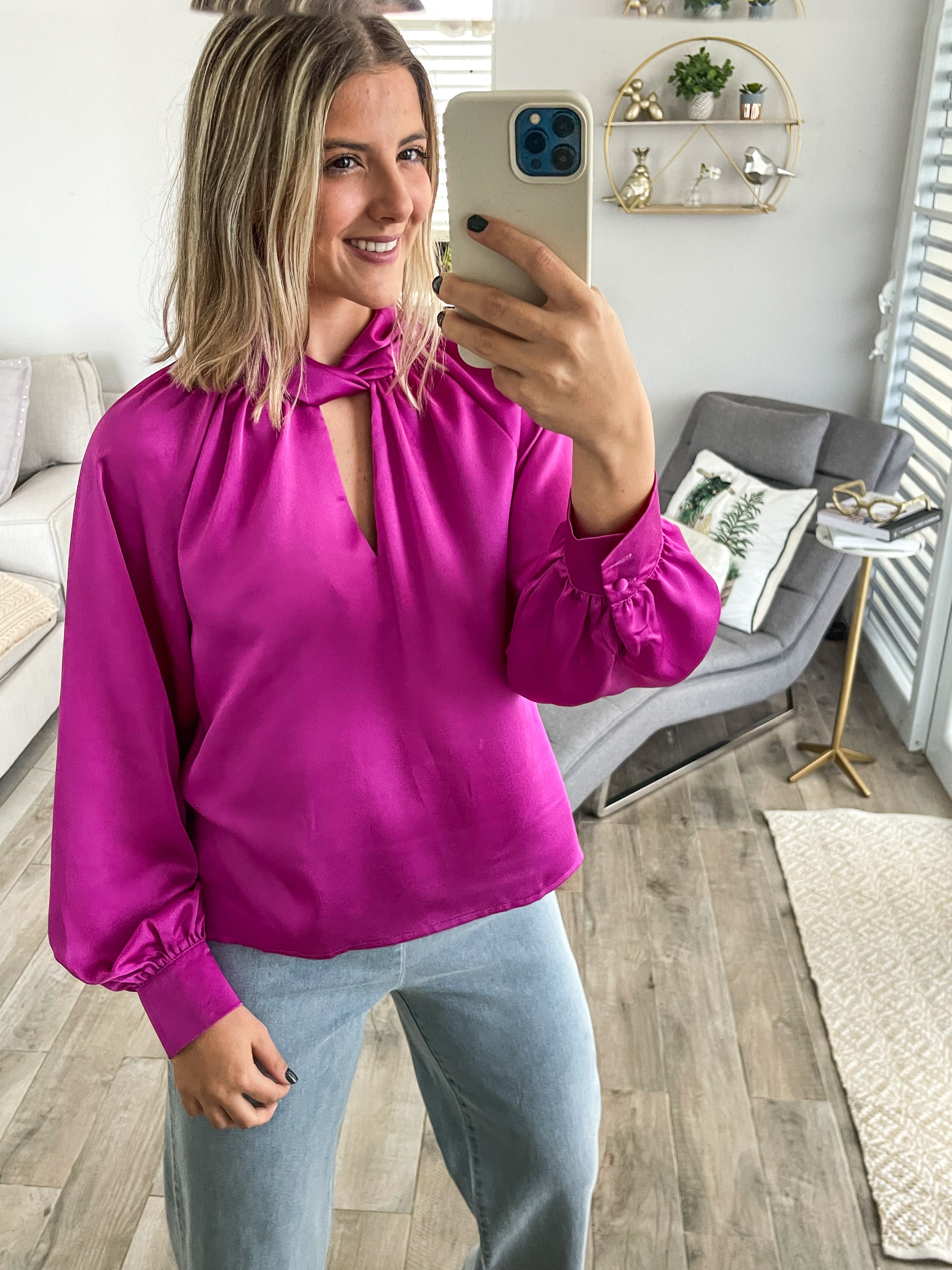 MAGENTA SATIN TWISTED NECK BLOUSE