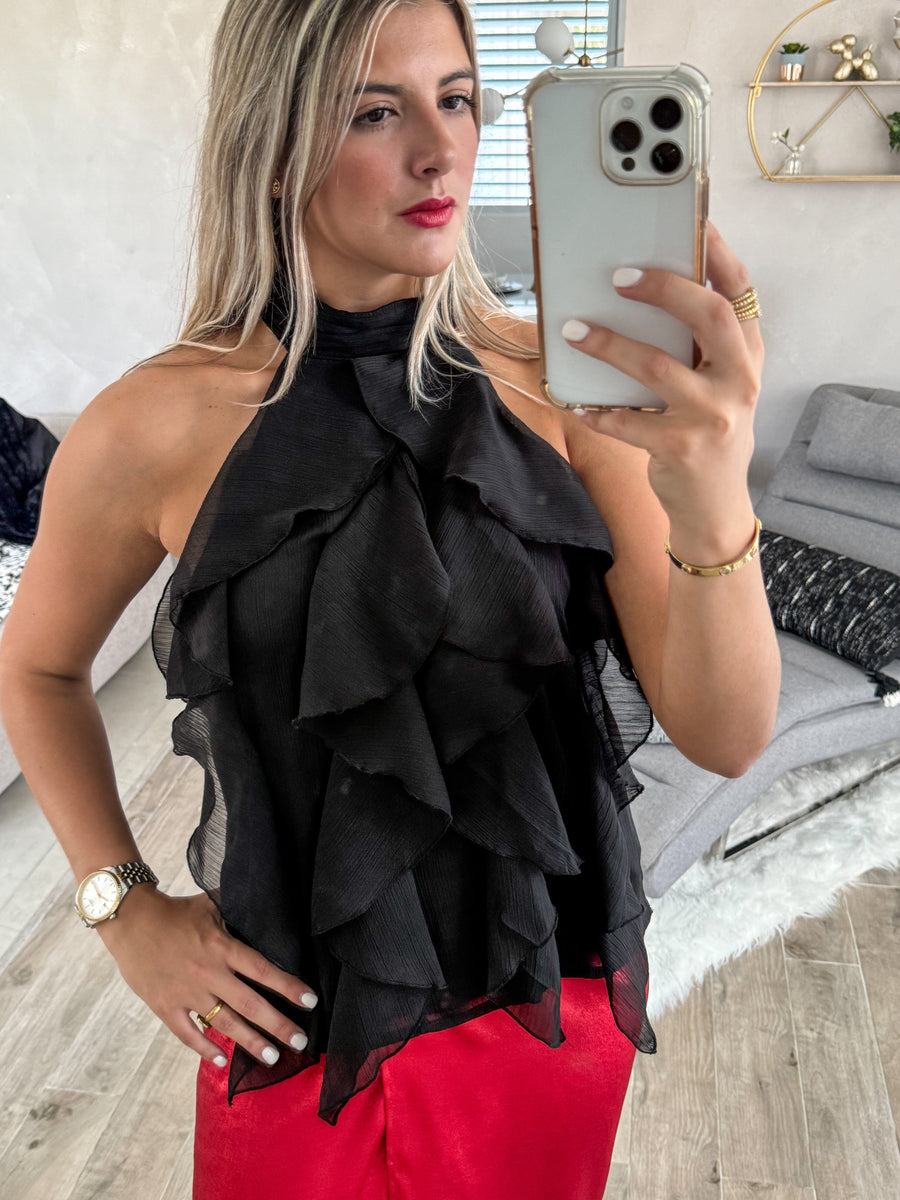 BLACK HALTER RUFFLE BLOUSE