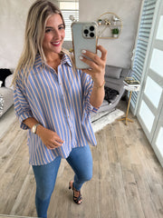 BLUE/BEIGE STRIPED TUNIC BLOUSE