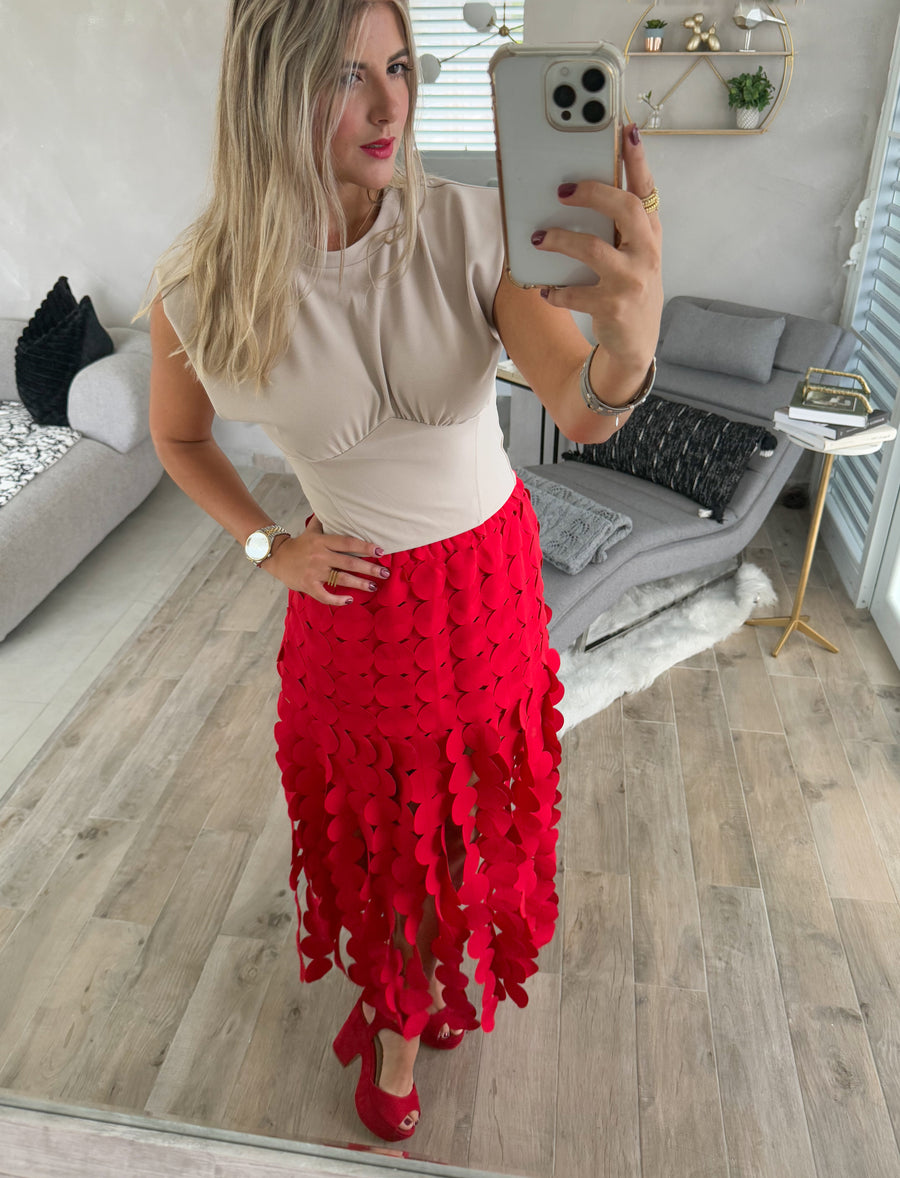 RED FRINGE MIDI SKIRT