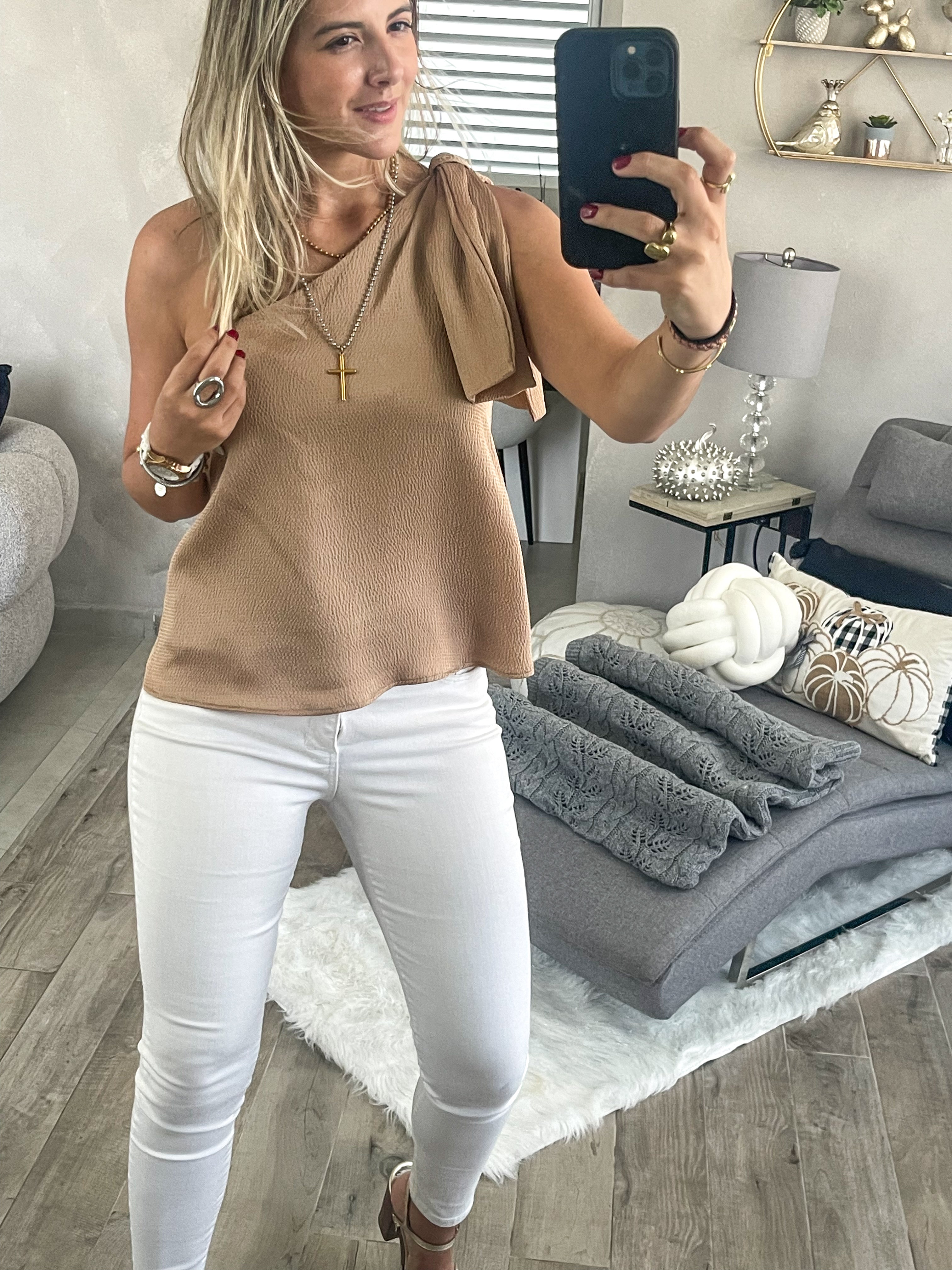 BEIGE ONE SHOULDER HAMMERED TOP