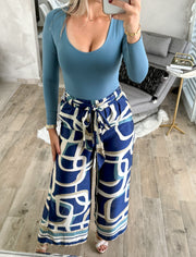 BLUE PRINTED SATIN PANTS