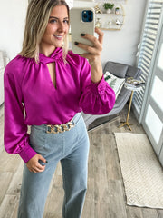 MAGENTA SATIN TWISTED NECK BLOUSE