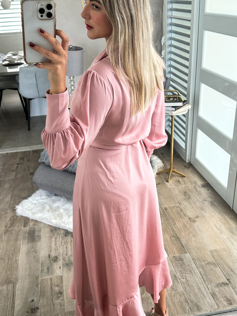 BLUSH SATIN WRAP AROUND DRESS