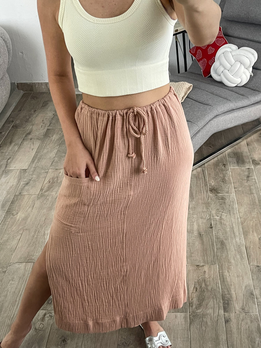 TAN GAUZE POCKET SKIRT