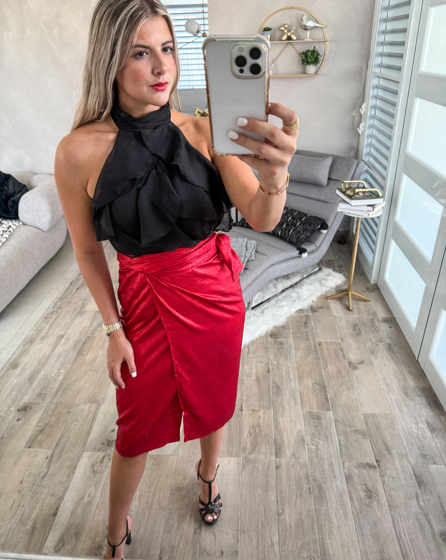 RED SATIN METALLIC WRAP AROUND SKIRT