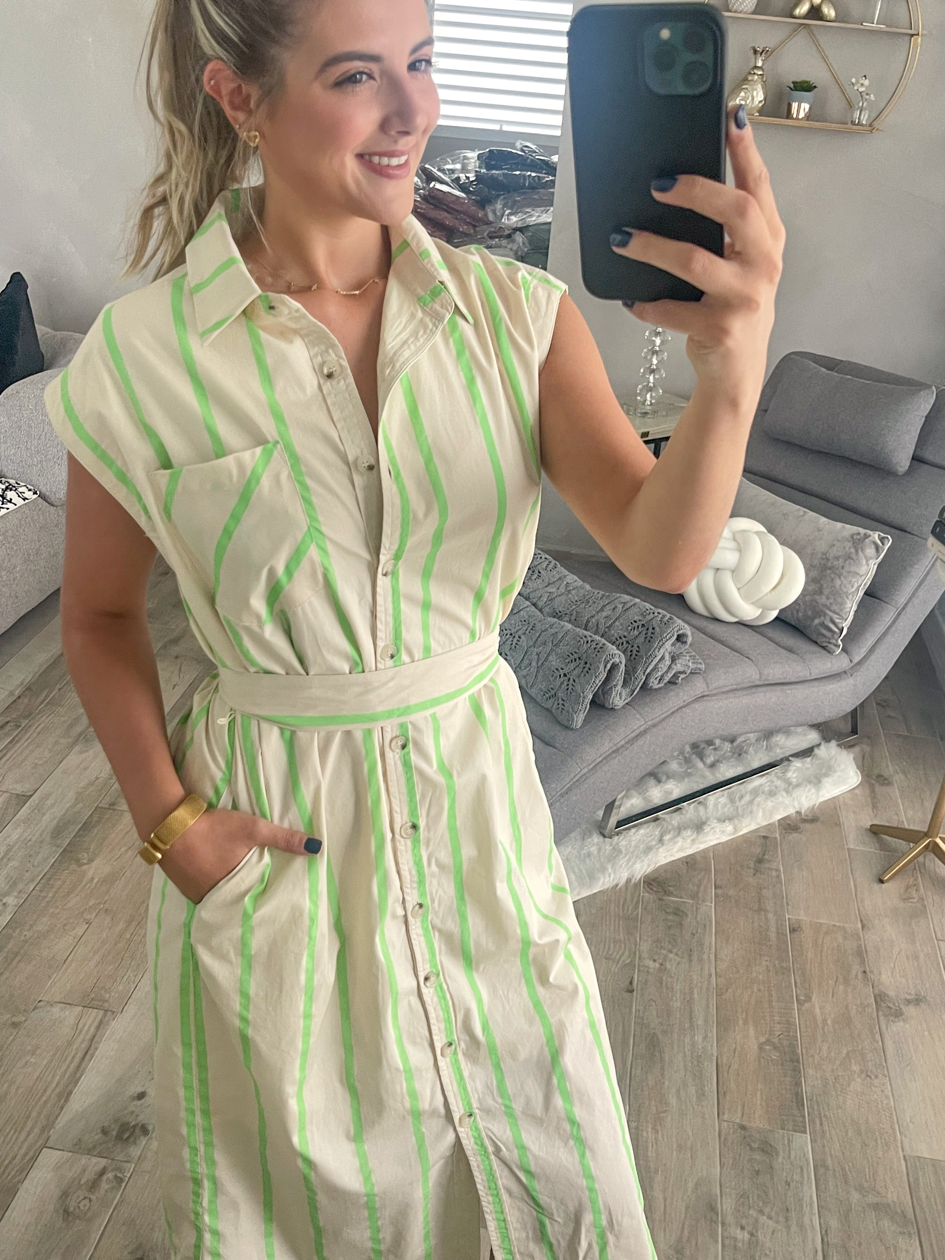 NEON GREEN STRIPED SLEEVELESS DRESS