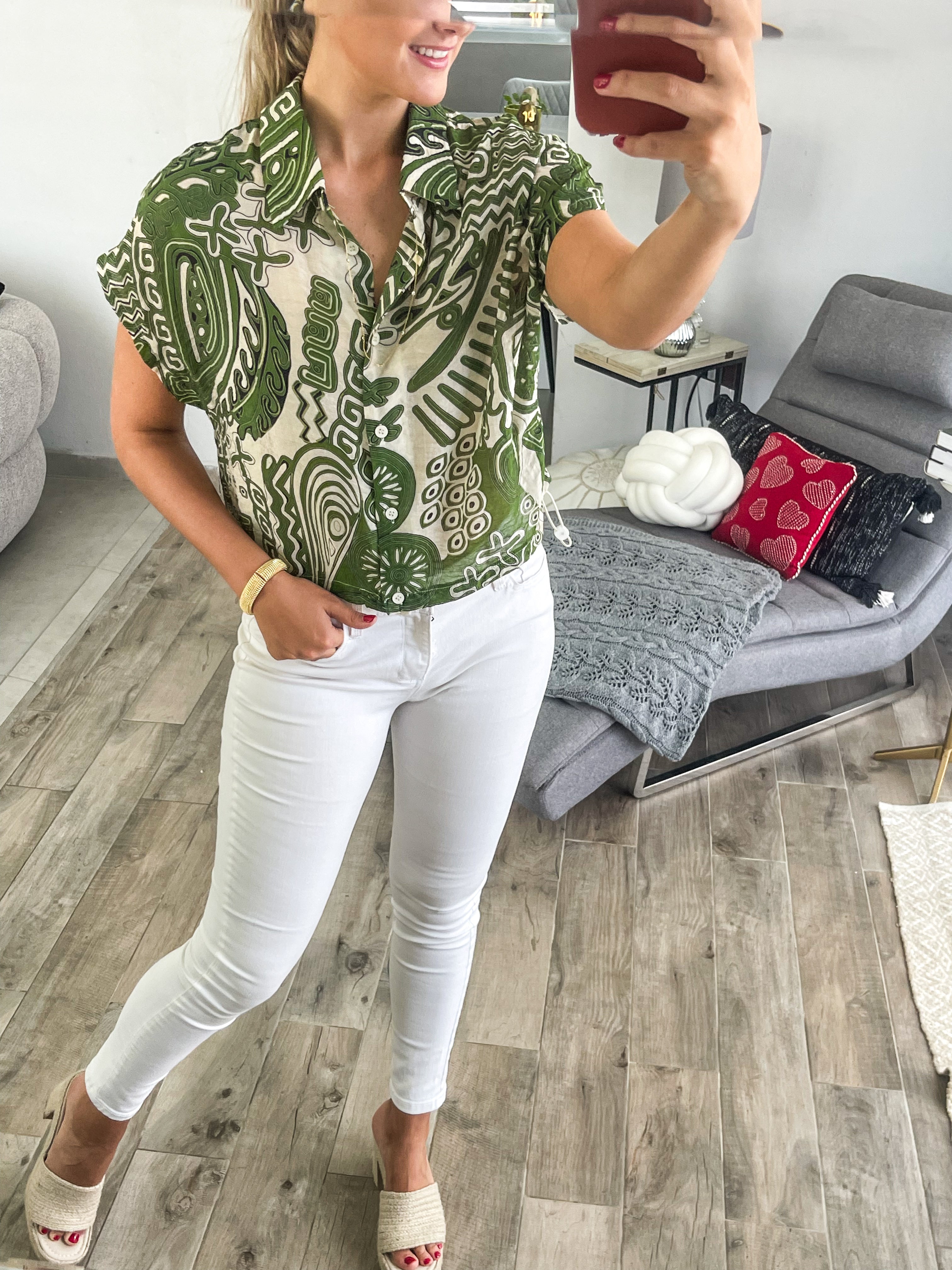 GREEN PRINT ADJUSTABLE BLOUSE