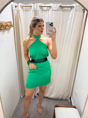 GREEN SILKY HALTER SHORT DRESS